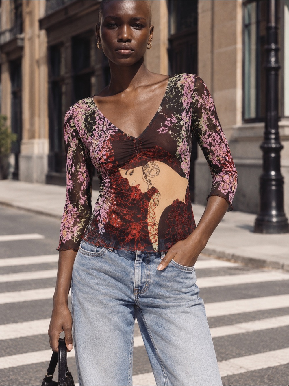 Vintage NICOLA Y2K Mesh Top L Woman Portrait Floral Art Print 3/4 Sleeve USA